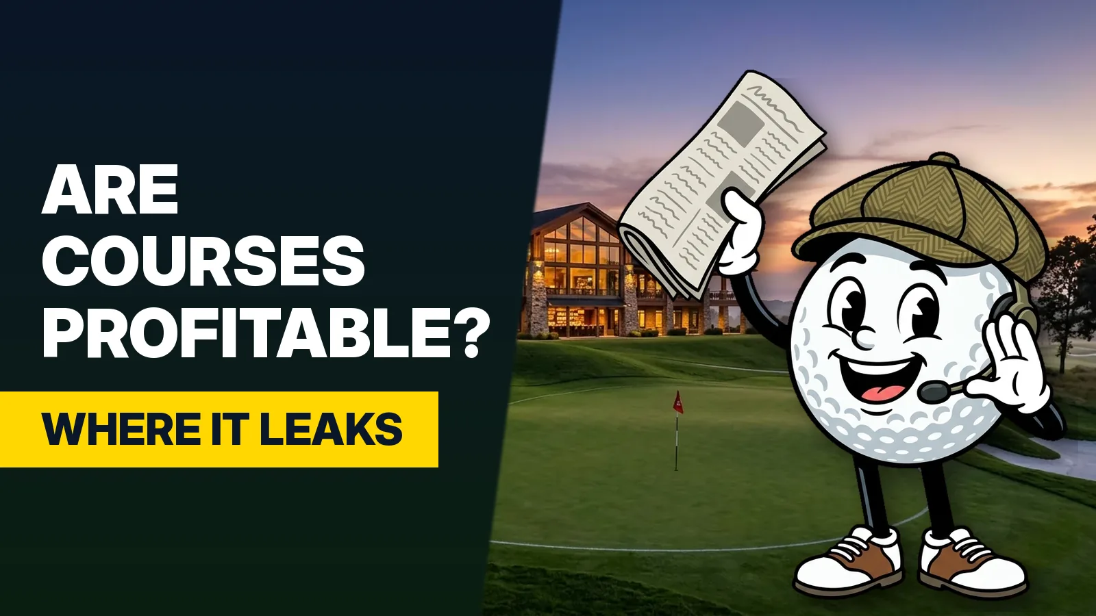 Golf clubhouse at sunset with Fairway Freddie in a tweed cap and headset beside the question are golf courses profitable