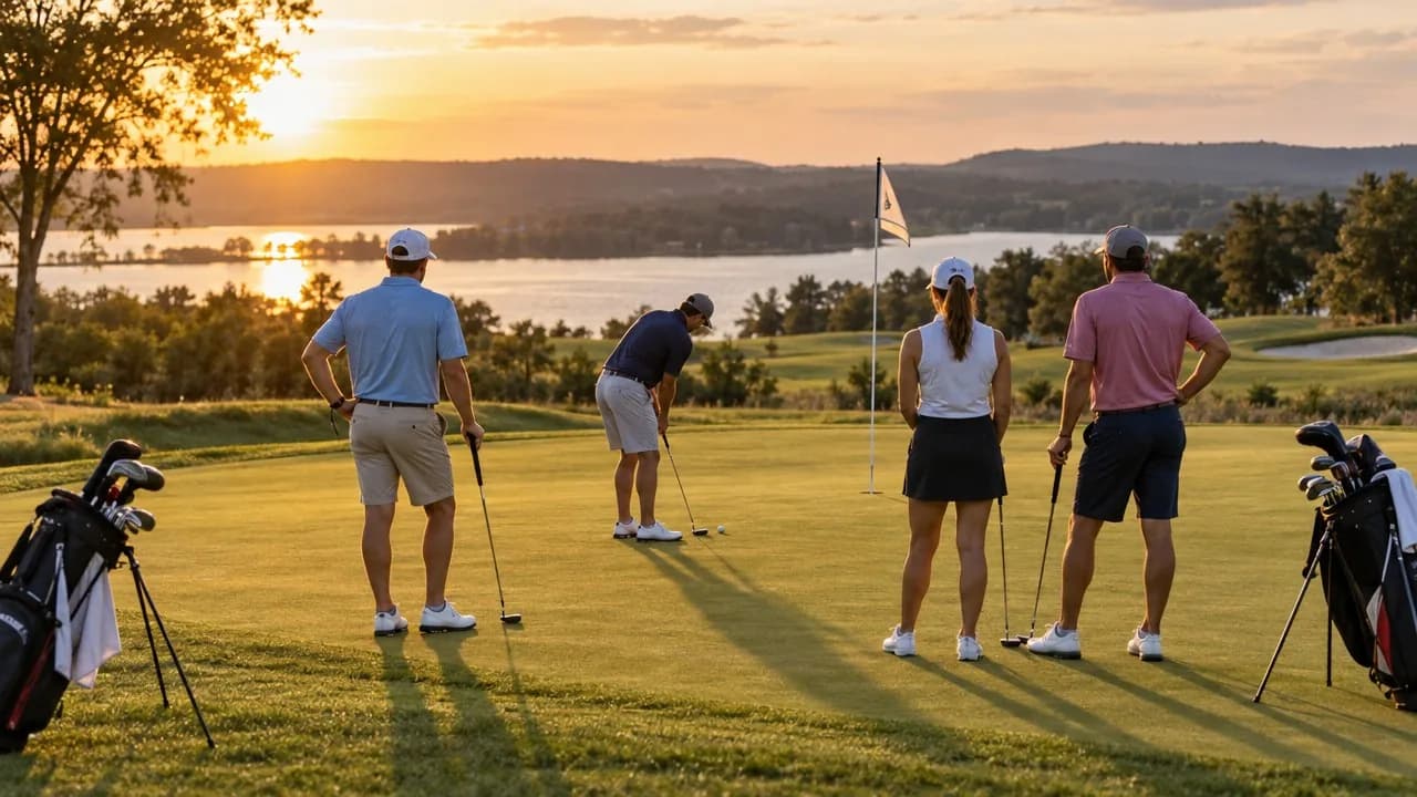 Team of golfers lining up a putt during a charity golf scramble at a golf outing