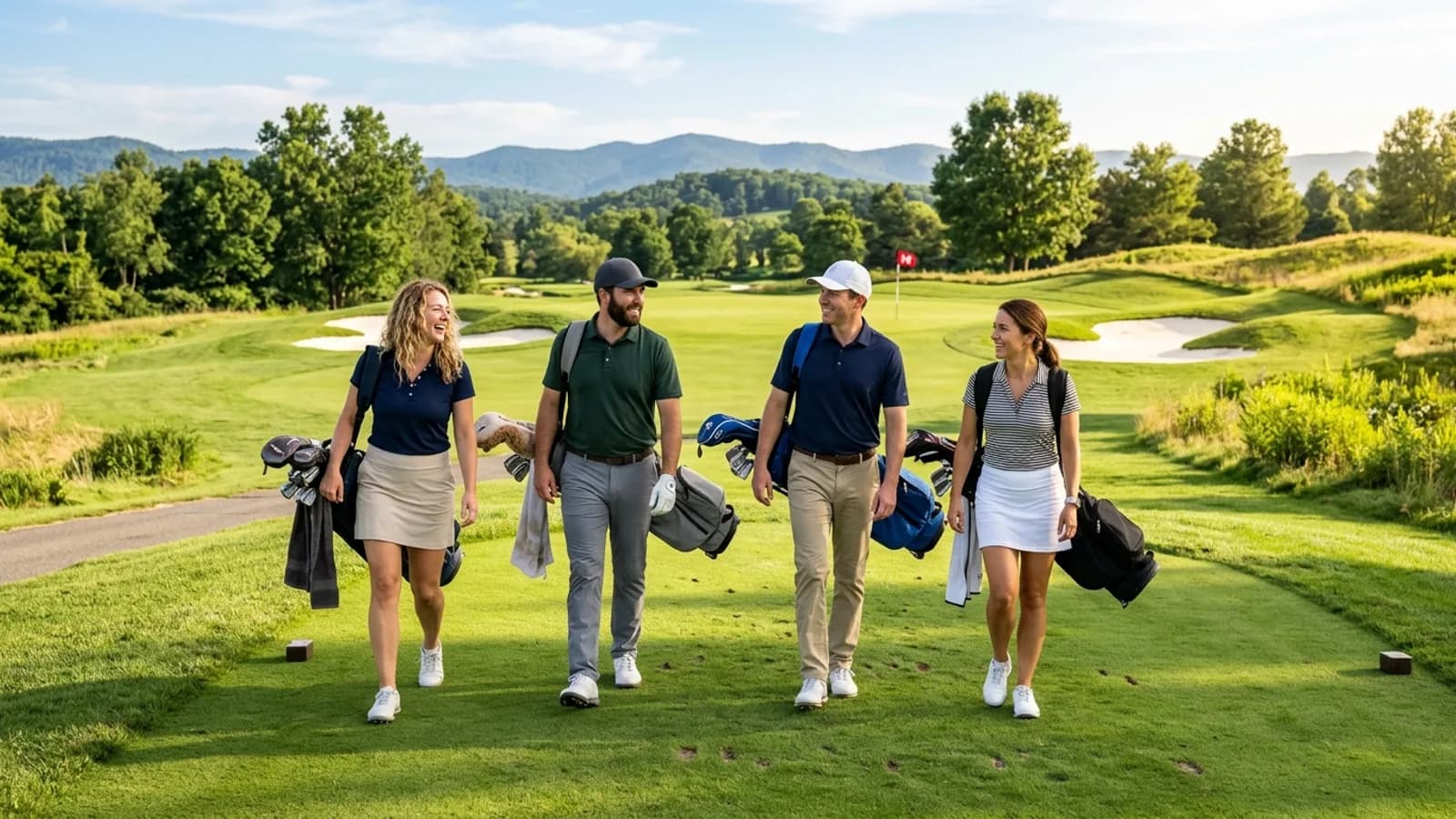Foursome of golfers walking onto a sunlit par-3 tee box during a weekday afternoon round