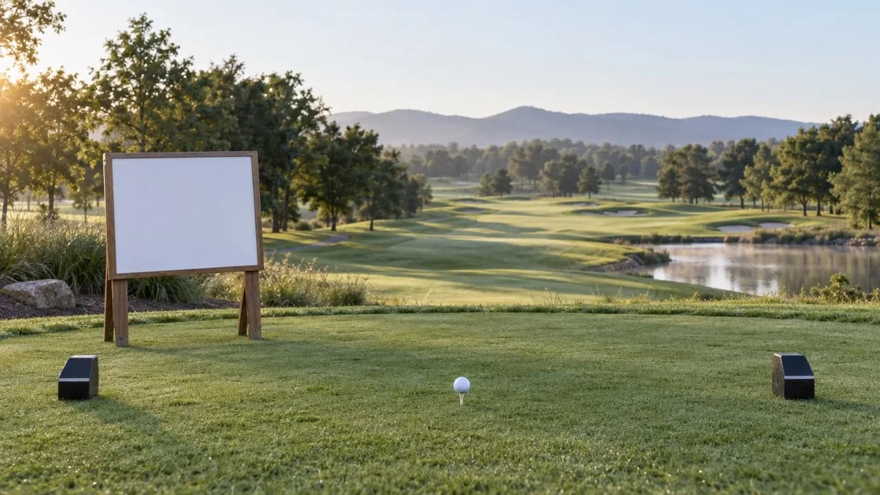 Sponsor sign on a tee box at a company golf outing, golf tournament sponsorship idea