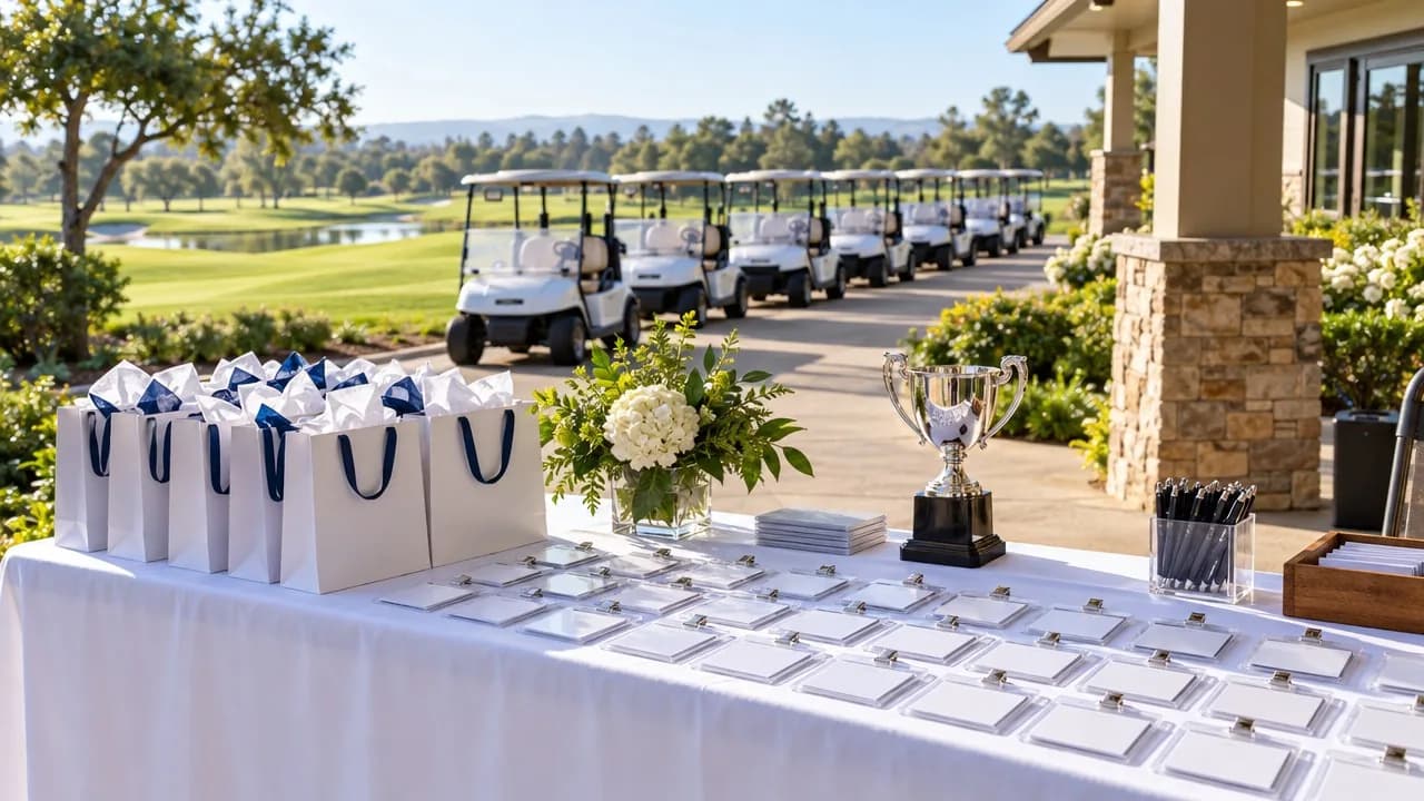 Golf tournament check-in table with name badges and carts lined up at a course, Book More Tee Times golf tournament planning checklist