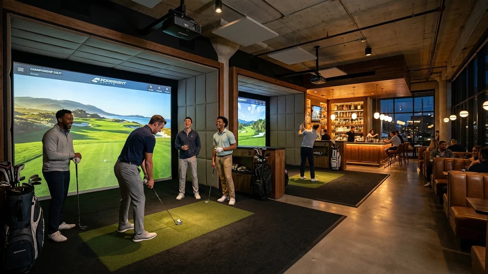 Golfers playing in a commercial indoor golf simulator lounge with overhead launch monitors and widescreen projector bays
