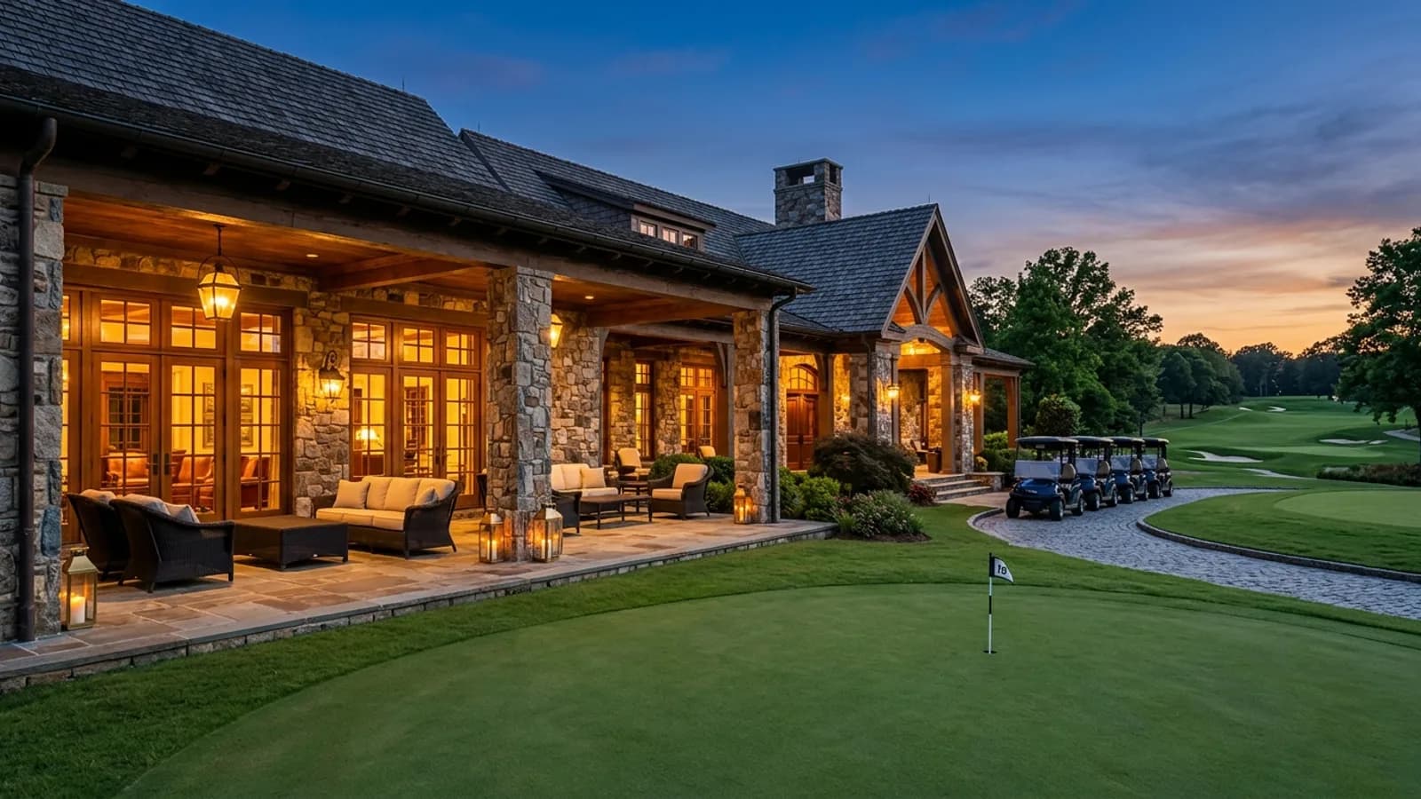 Illuminated private country club clubhouse veranda overlooking the 18th putting green at twilight