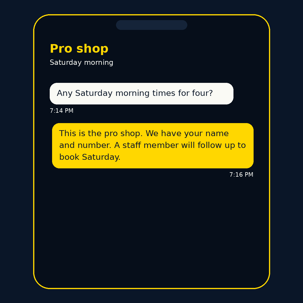 A phone text thread showing a friendly pro shop follow-up message to a golfer asking about tee time windows