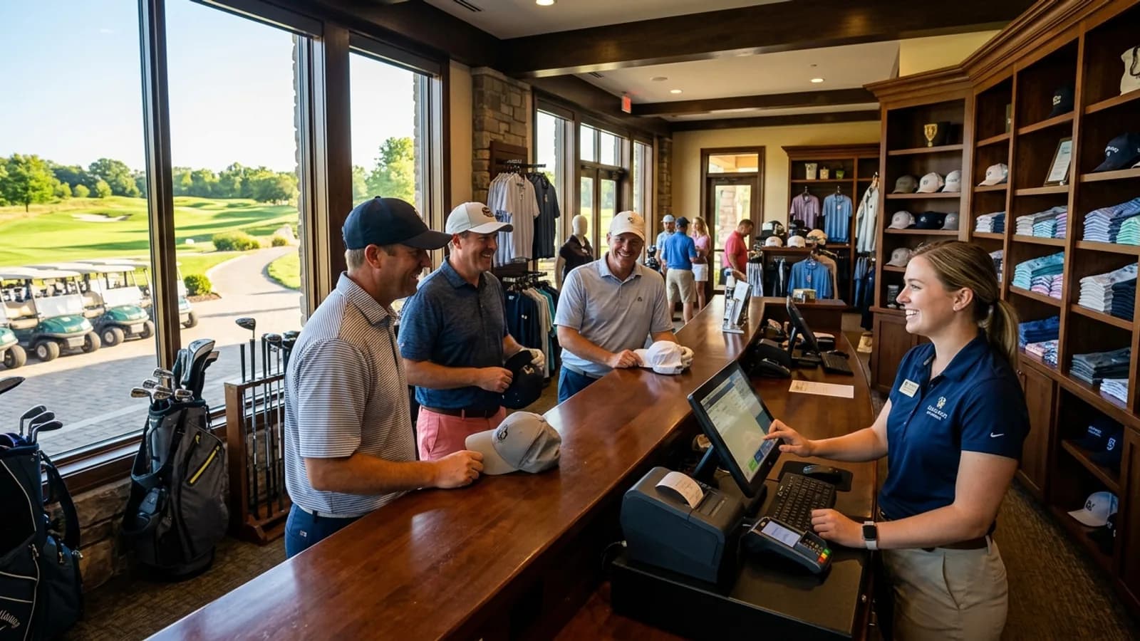 Golf course pro shop attendant checking in a foursome at a touchscreen point of sale terminal on a busy morning