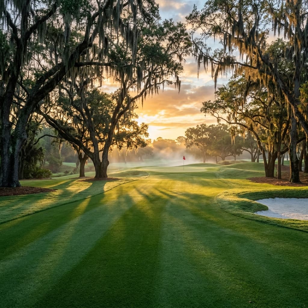 Pristine elite golf course at sunrise