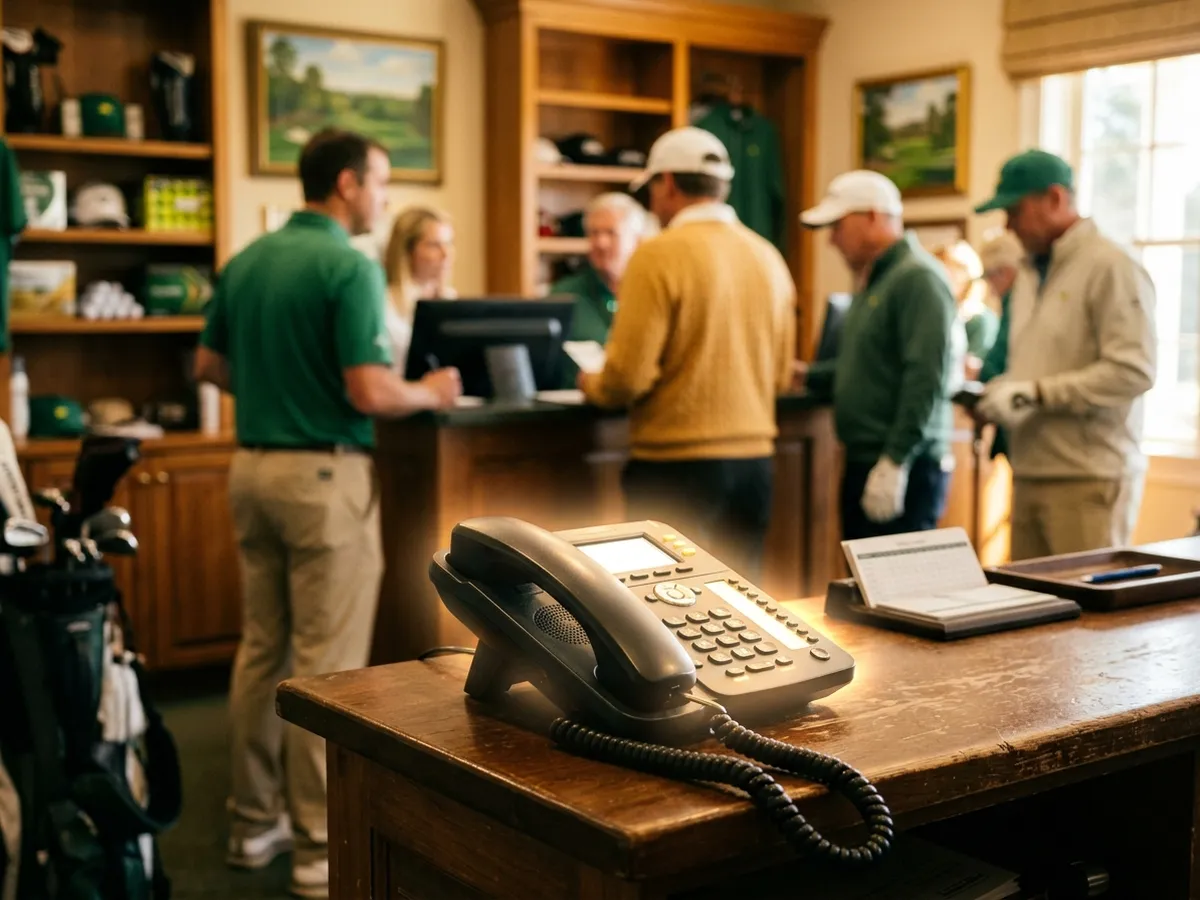 A pro shop phone ringing during the morning check-in rush