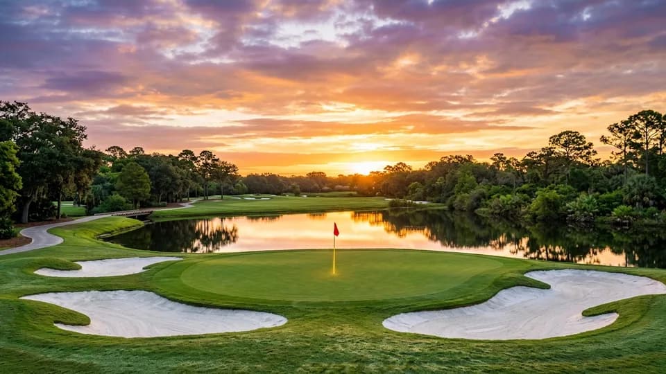Championship golf green at sunset