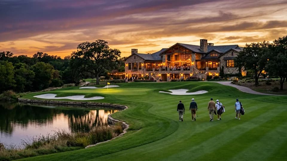 Golfers walking up the 18th fairway toward the clubhouse at dusk