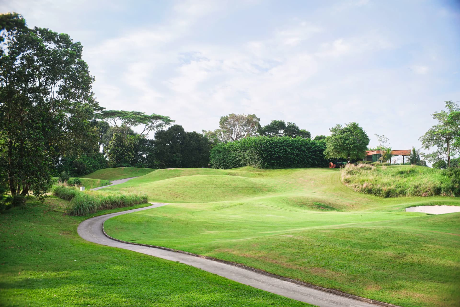 A golf course fairway with manicured grass and trees under a clear blue sky.