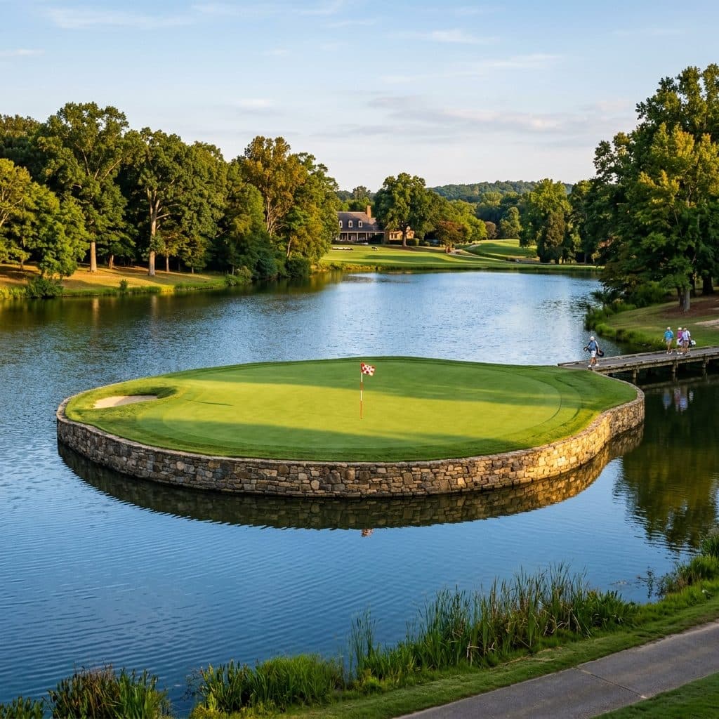 Island green surrounded by water on a championship course