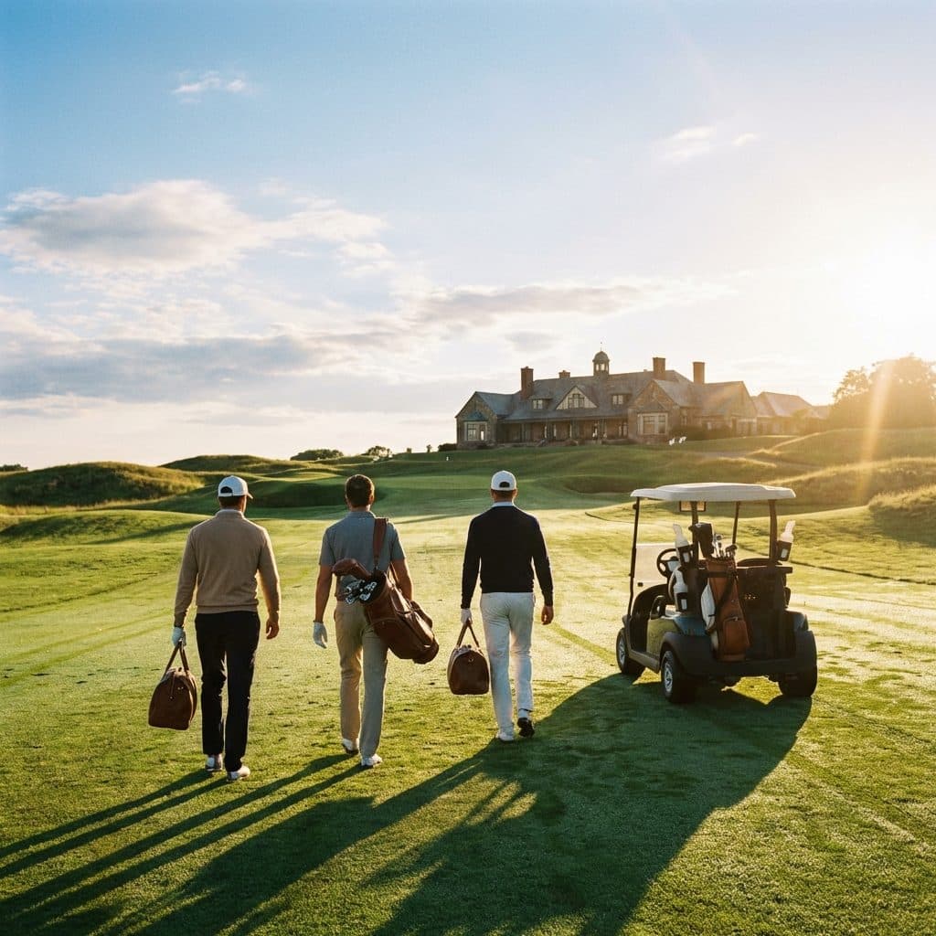 Golfers walking the sunlit fairway toward the 18th green