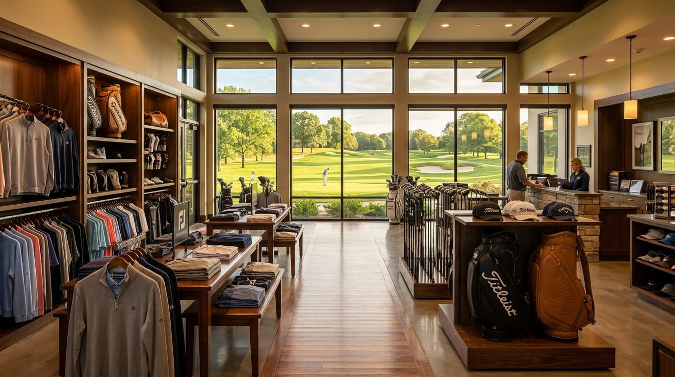 Pro shop staff serving a member at the counter, course visible through the windows