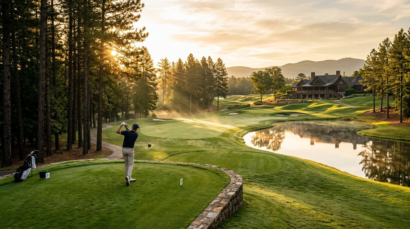 Championship golf course fairway at golden sunrise